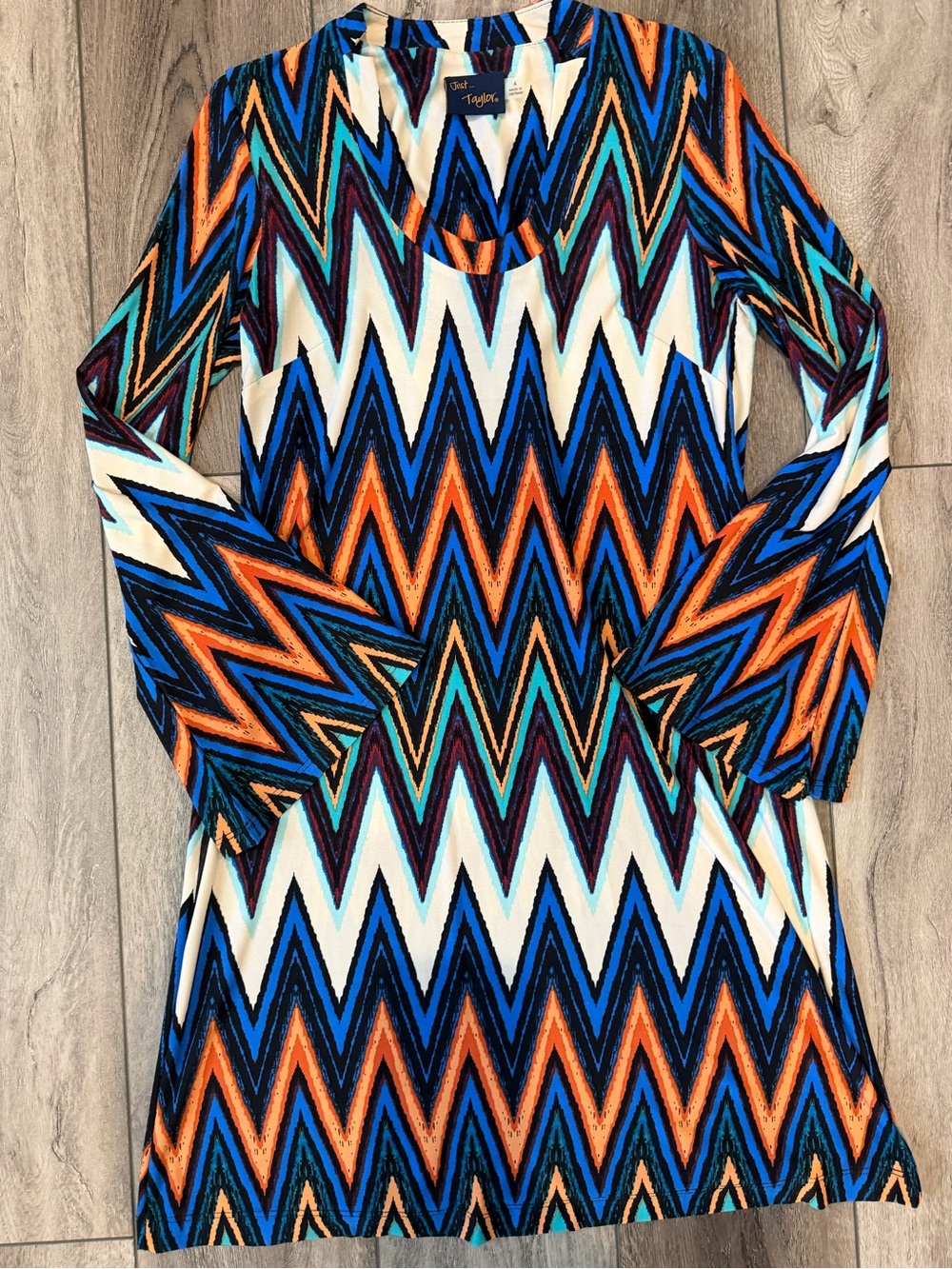 Just...Taylor Chevron Long Sleeve Dress - Blue, Orange & White